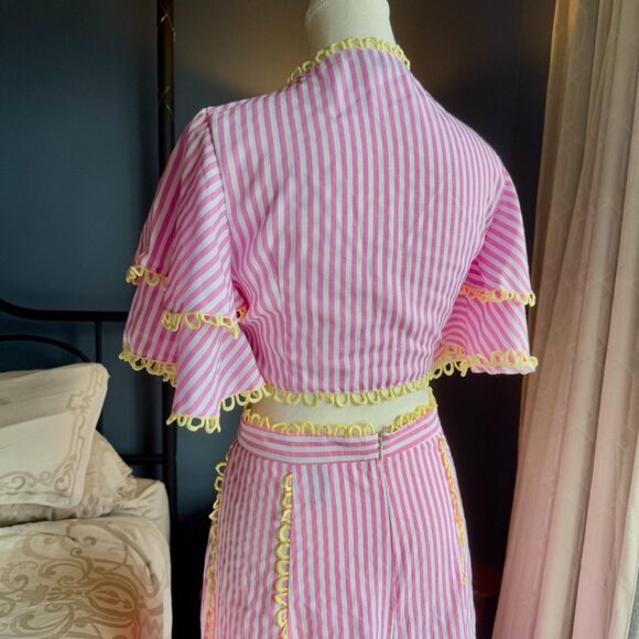 Pink and White Striped w Yellow Trim Flounce Tie Top and Maxi Skirt Set - Picture 8 of 15